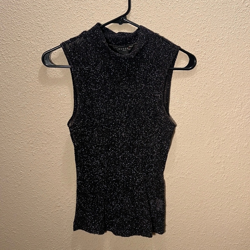 Guess? low turtleneck sheer sparkle sleeveless top